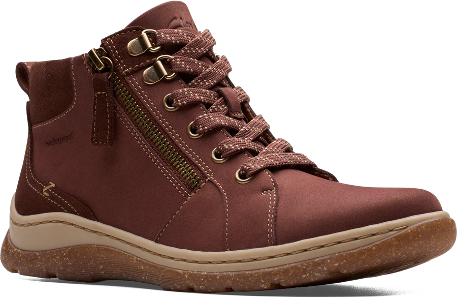 Quarter turn view Women's Clarks Footwear style name Orlene Top Waterproof Wide in color BRT TAN NB. Sku: 26182992W