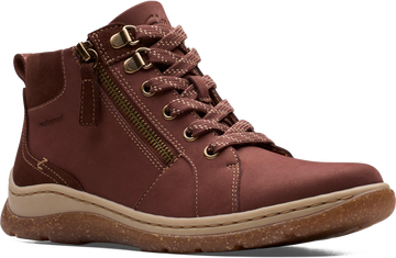 Quarter turn view Women's Clarks Footwear style name Orlene Top Waterproof in color BRT TAN NB. Sku: 26182992