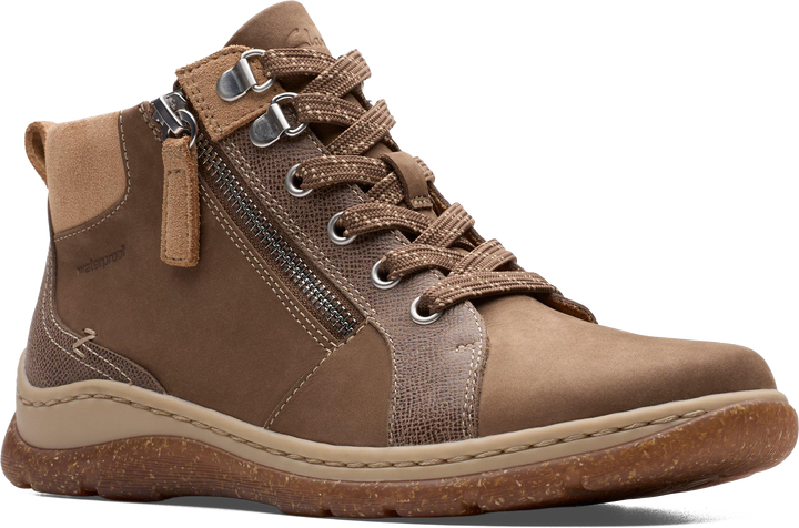 Quarter turn view Women's Clarks Footwear style name Orlene Top Waterproof in color DK SND NB. Sku: 26182993