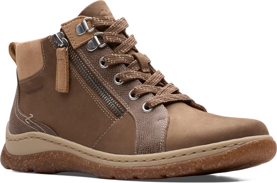 Quarter turn view Women's Clarks Footwear style name Orlene Top Waterproof in color DK SND NB. Sku: 26182993