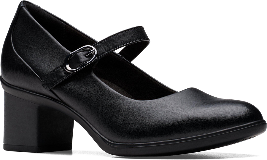 Quarter turn view Women's Clarks Footwear style name Shaya Jane in color BLK LEA. Sku: 26182996