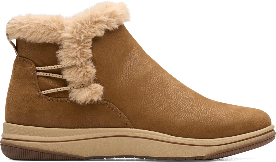 Quarter turn view Women's Clarks Footwear style name Breeze Fur in color DK TAN CMB. Sku: 26184183