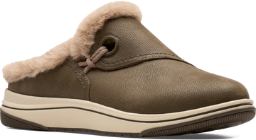 Quarter turn view Women's Clarks Footwear style name Breeze Myth Wide in color DK OLIVE. Sku: 26184187W