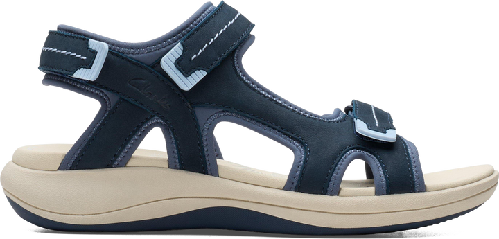 Quarter turn view Women's Clarks Footwear style name Mira Free Wide in color Navy Nubuck. Sku: 26187251W