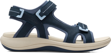 Quarter turn view Women's Clarks Footwear style name Mira Free Wide in color Navy Nubuck. Sku: 26187251W