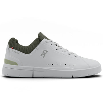 Quarter turn view Men's On Running Footwear style name The Rodger Advantage in color Wht/ Olive. Sku: 3MD10641528