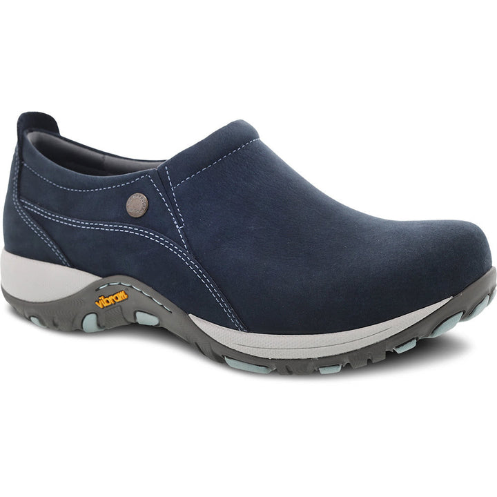 Quarter turn view Women's Dansko Footwear style name Patti Waterproof in color Navy Nubuck. Sku: 4353-752005