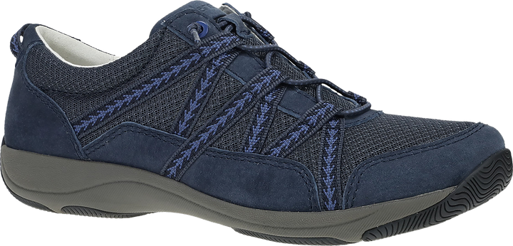 Quarter turn view Women's Dansko Footwear style name Harlyn Wide in color NAVY SD. Sku: 4854050275