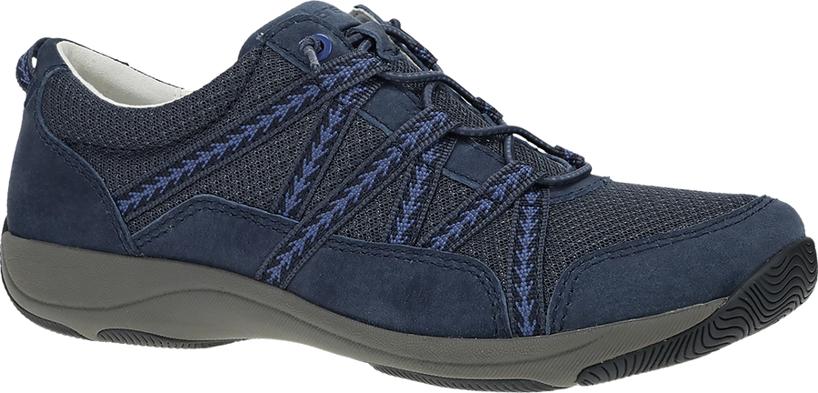 Quarter turn view Women's Dansko Footwear style name Harlyn in color NAVY SD. Sku: 4854750275