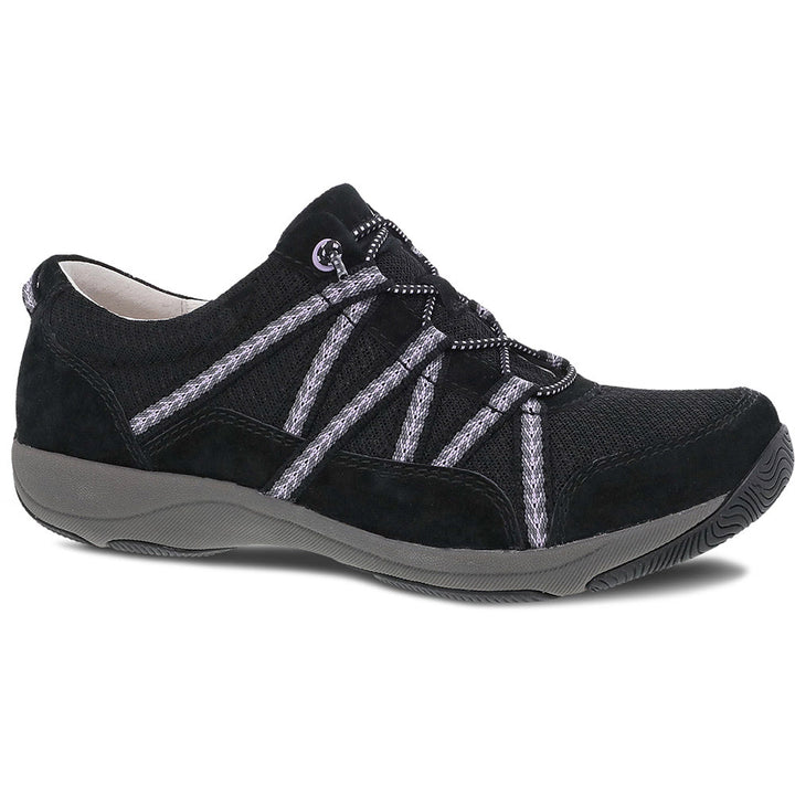 Quarter turn view Women's Dansko Footwear style name Harlyn Wide in color Black Suede. Sku: 4862-100285