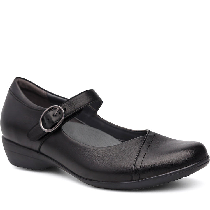 Quarter turn Women's Dansko Footwear style name Fawna in color Black Leather. Sku: 5501100200