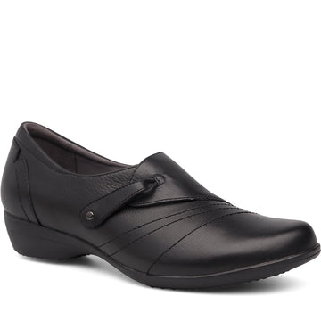 Quarter turn Women's Dansko Footwear style name Franny Wide in color Black Leather. Sku: 5510100200