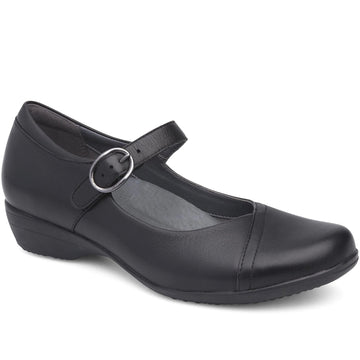 Quarter turn Women's Dansko Footwear style name Fawna Wide in color Black Leather. Sku: 5511100200