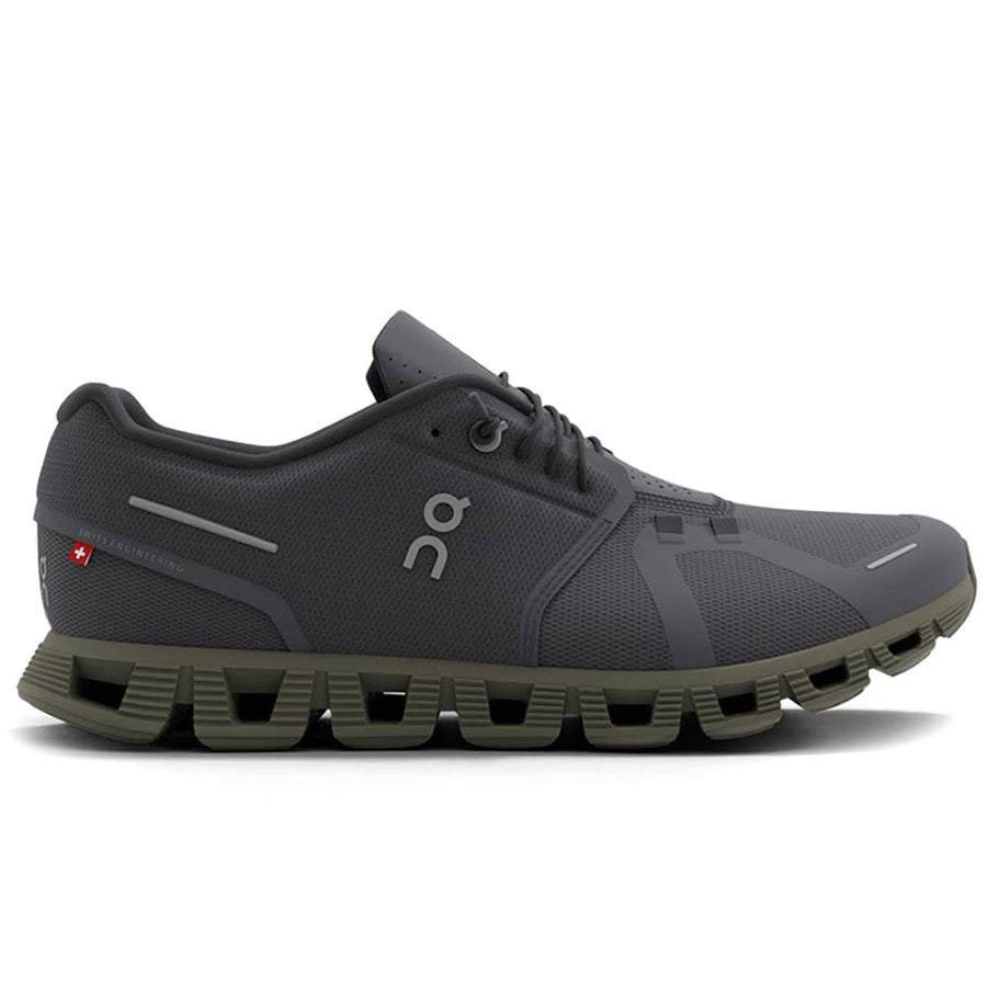 Quarter turn view Men's On Running Footwear style name Cloud 5 in color Eclipse/ Grove. Sku: 59-97769