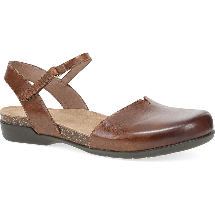 Quarter turn view Women's Dansko Footwear style name Rowan in color Tan Wax Burnished. Sku: 6025-155300