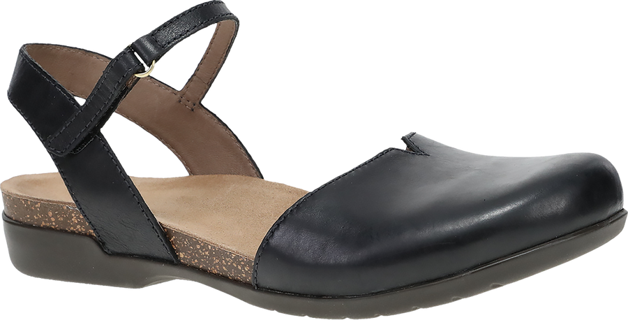 Quarter turn view Women's Dansko Footwear style name Rowan Wide in color BLK WAX BN. Sku: 6032475300