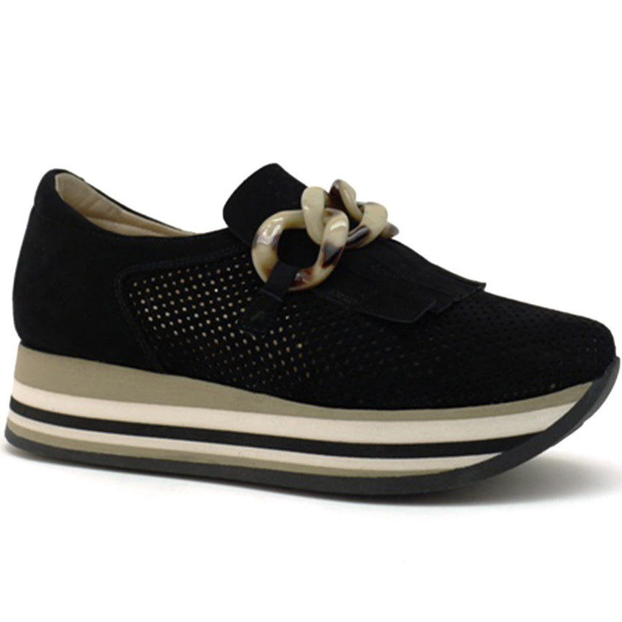 Quarter turn view Women's Soft Waves Footwear style name Cloe Kilt in color Black Velour. Sku: 77808-26