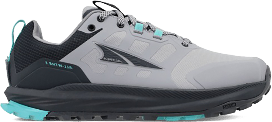 Quarter turn view Women's Altra Footwear style name Lone Peak 9 Waterproof Low in color BLK/GRY. Sku: AL0A85PV-020