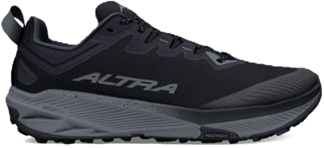 A black and dark gray Altra trail running shoe shown from a side profile view against a plain white background.
