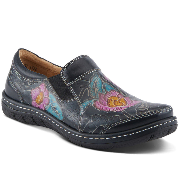 Quarter turn view Women's L'Artiste Footwear style name Annawan in color Black Multi. Sku: ANNAWAN-BM