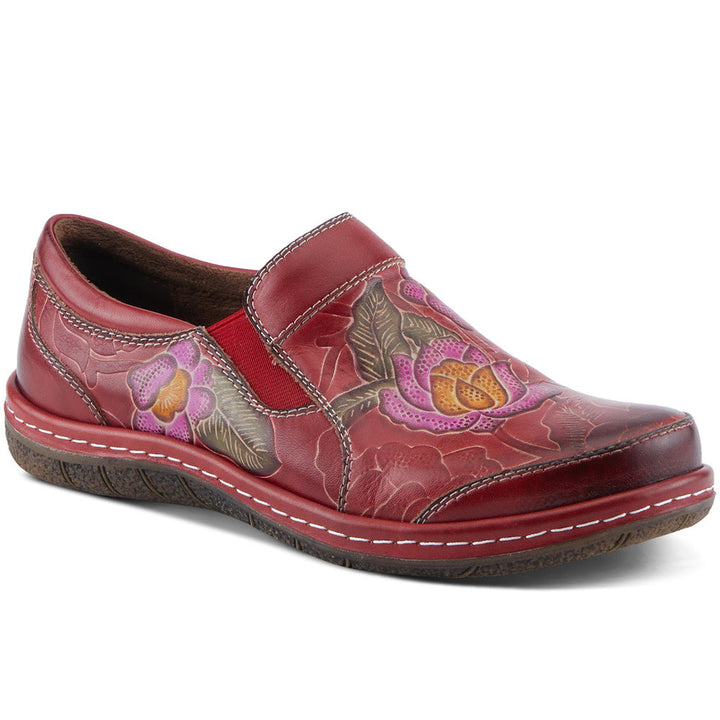 Quarter turn view Women's L'Artiste Footwear style name Annawan in color Red Multi. Sku: ANNAWAN-RDM