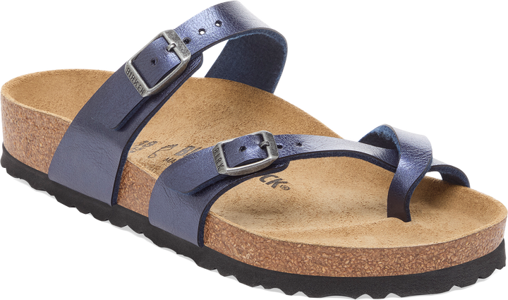 Quarter turn view Women's Birkenstock Footwear style name Mayari Birko Flor Regular in color GR MIDNT B. Sku: BK1030354