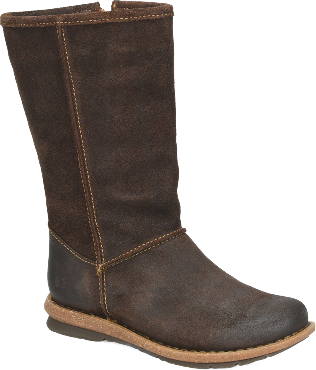 A dark brown suede mid-calf boot with contrast stitching, a rounded toe, and a tan outsole, shown against a plain white background.