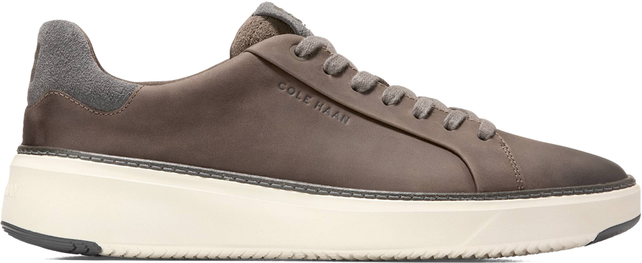 Quarter turn view Men's Cole Haan Footwear style name Grandpro Topspin Sneaker in color MOREL NUBUCK. Sku: C42222