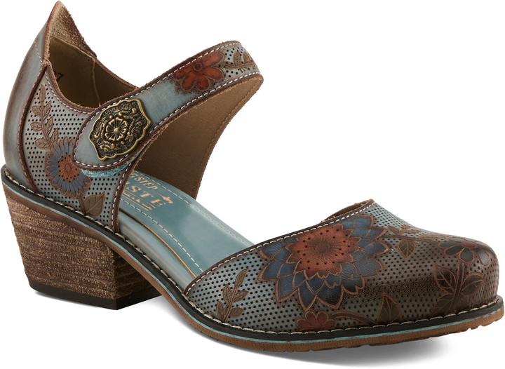 Quarter turn view Women's L'Artiste Footwear style name Cabracho in color BLUE MULTI. Sku: CABRACHO-BLUM