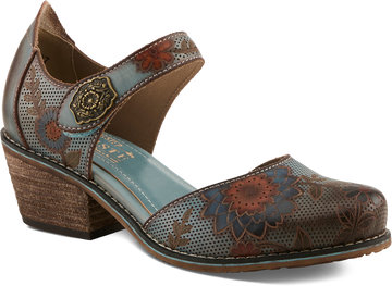 Quarter turn view Women's L'Artiste Footwear style name Cabracho in color BLUE MULTI. Sku: CABRACHO-BLUM