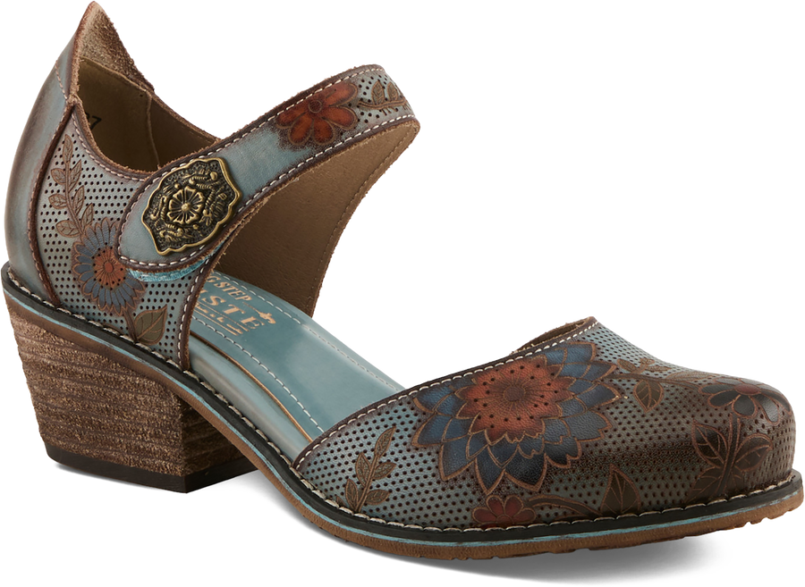 Quarter turn view Women's L'Artiste Footwear style name Cabracho in color BLUE MULTI. Sku: CABRACHO-BLUM