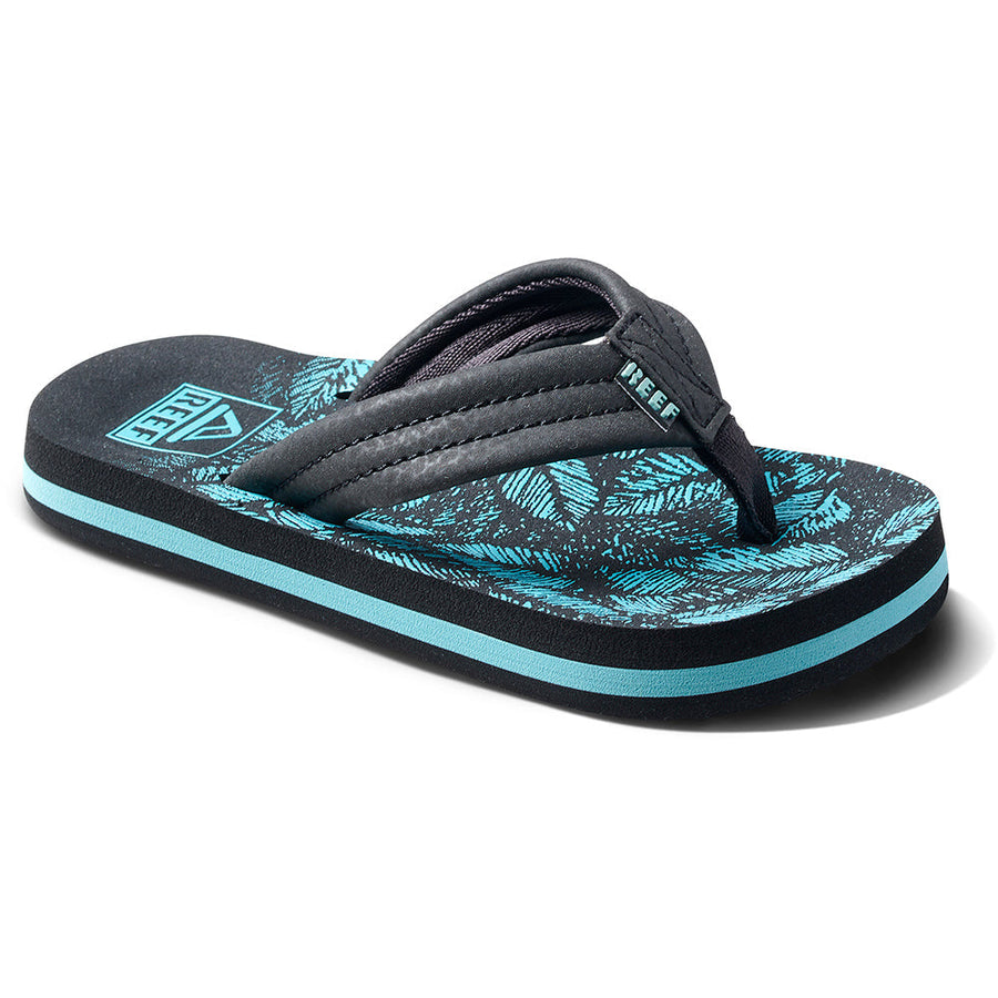 Quarter view Kid's Reef Footwear style name Kids Ahi in color Aquifer Palm. Sku: CJ4137