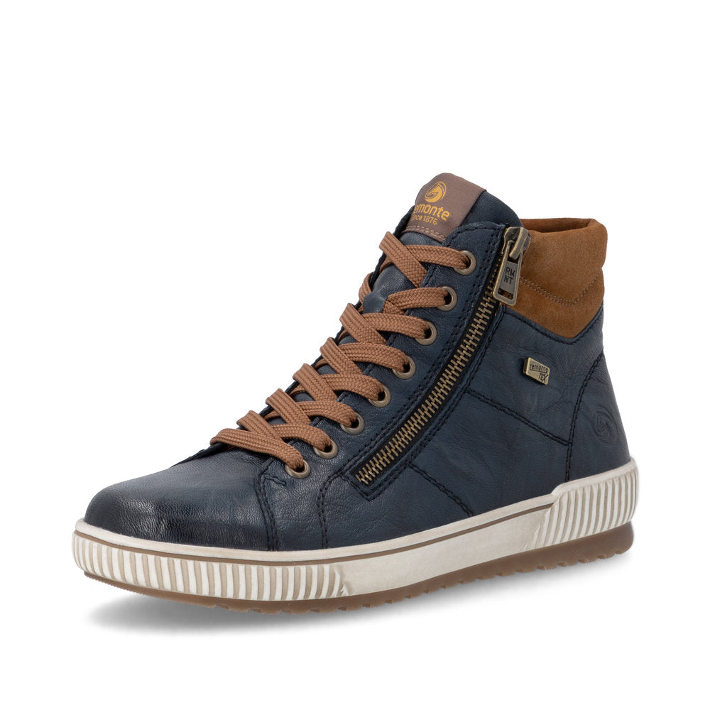 Blue high-top sneaker with brown accents on a white background