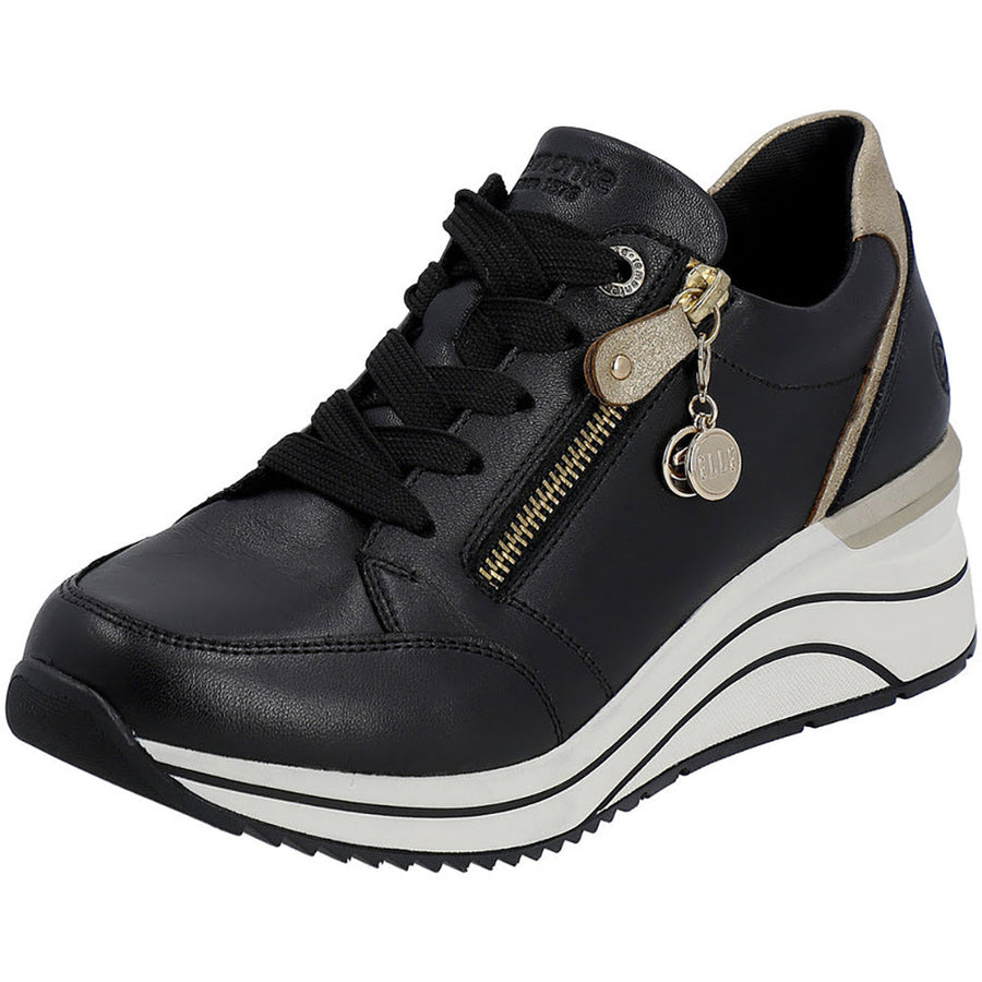 Quarter turn view Women's Remonte Footwear style name Eleni 03 in color Schwarz/ Ginger Gold. Sku: D0T03-01