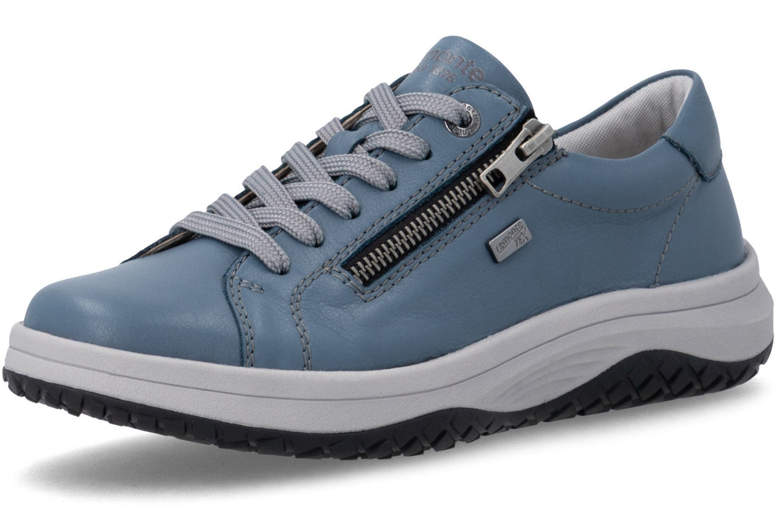 A light blue leather low-top sneaker with a side zipper, gray laces, a white midsole, and a black treaded outsole, shown on a white background.