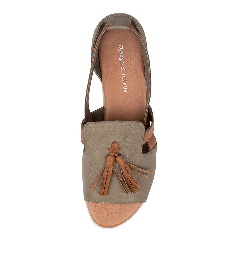 Overhead View Women's Django & Juliette Maisy Sandal In Khaki/ Dk Tan/ White Sole Leather Sku: Dj15886Hnzle