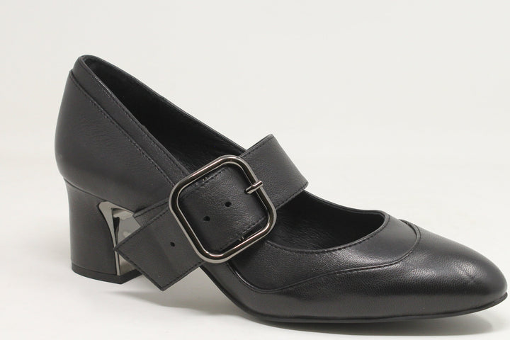 Black leather shoe with a buckle on a white background