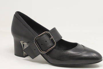 Black leather shoe with a buckle on a white background