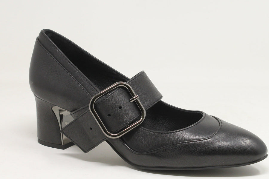 Black leather shoe with a buckle on a white background