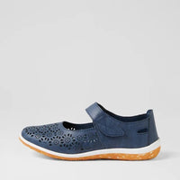 A navy blue Mary Jane shoe with a perforated leather upper, hook-and-loop strap, and a white midsole with a textured orange outsole, shown against a light gray background.