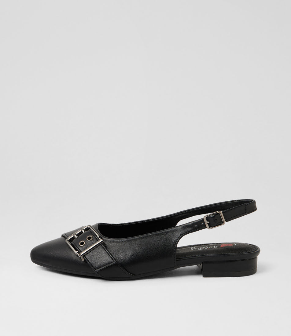 A single black leather slingback flat shoe with a pointed toe and a decorative silver-tone buckle detail across the instep, shown against a plain light gray background.