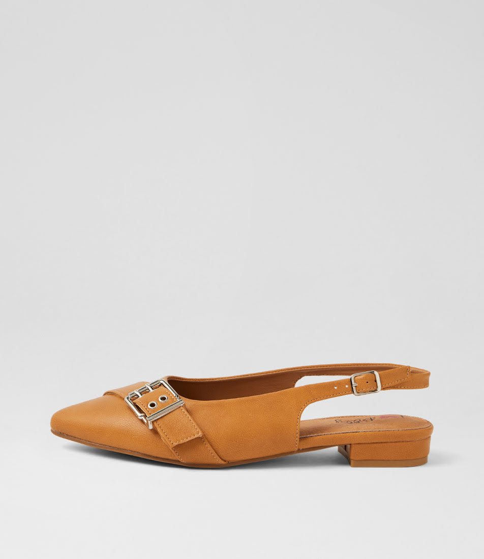 A single tan suede slingback flat shoe with a pointed toe and a silver-tone double-buckle detail on the vamp, shown against a light gray background.