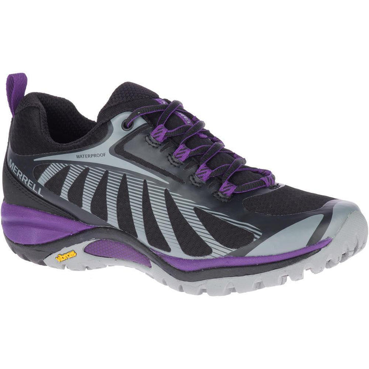 Quarter view Women's Merrell Footwear style name Siren Edge 3 Waterproof Wide in color Black/ Acai. Sku: J034450W