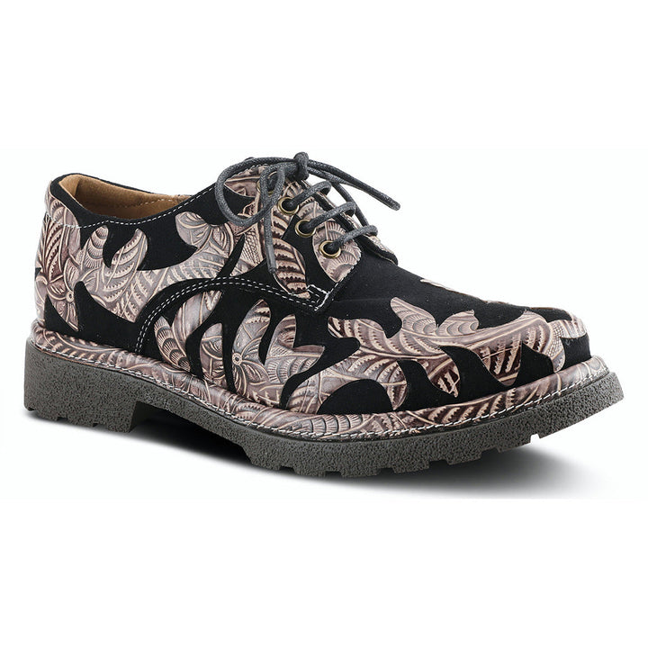 Quarter view Women's L'Artiste Footwear style name Jigsaw in color Black Multi. Sku: JIGSAW-BM