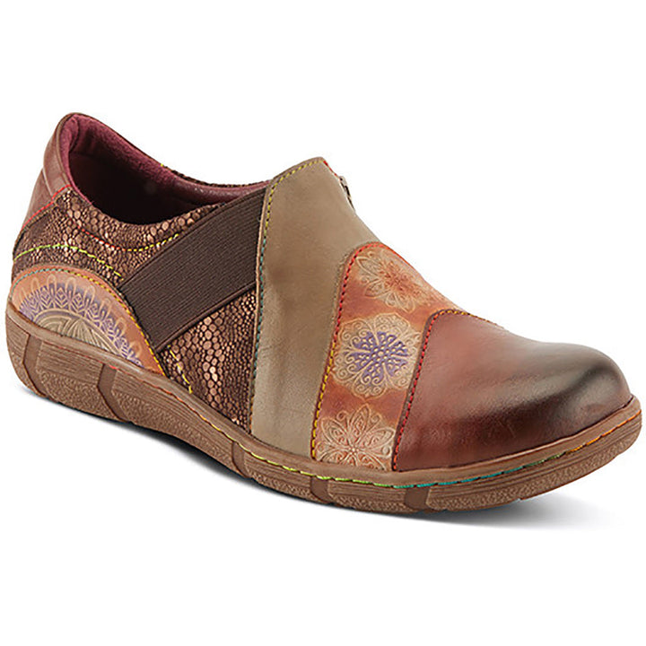 Quarter view Women's L'Artiste Footwear style name Lata in color Brown Multi. Sku: LATA-BRM