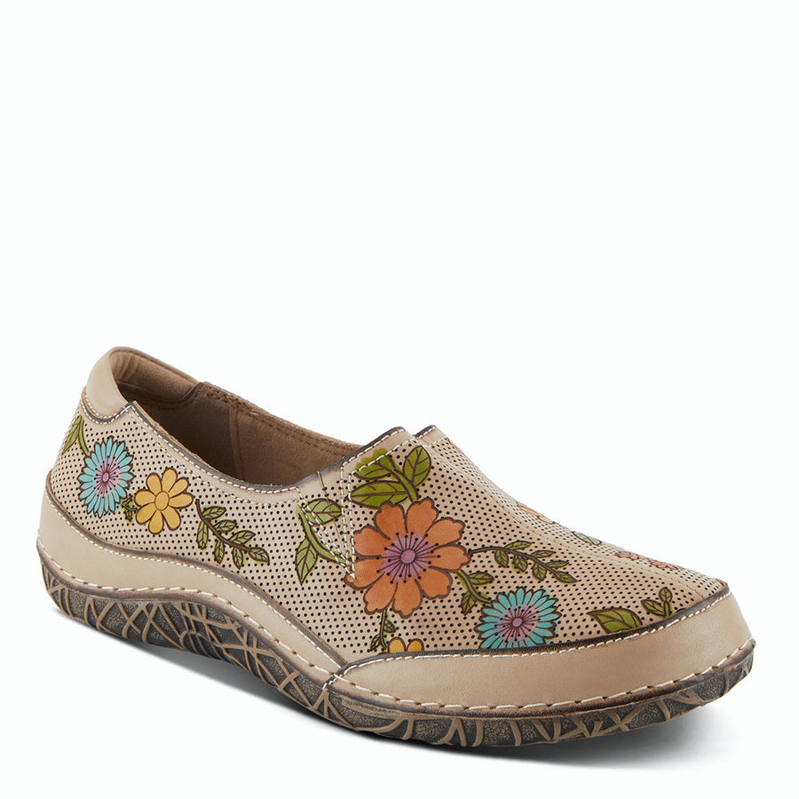 Quarter view Women's L'Artiste Footwear style name Libora Delite in color Beige Mult. Sku: LIBORADELITE-BG