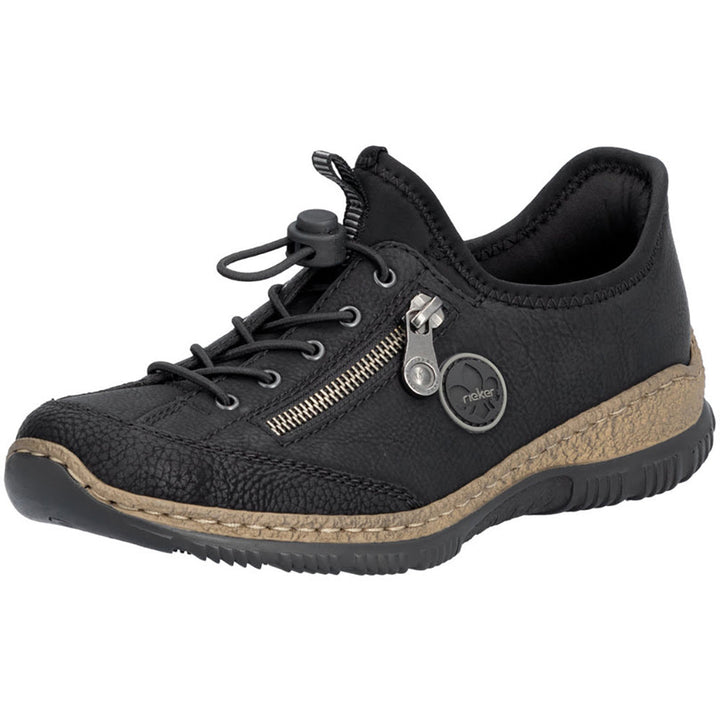 Quarter turn view Women's Rieker Footwear style name Nikita 67 in color Black. Sku: N3267-01