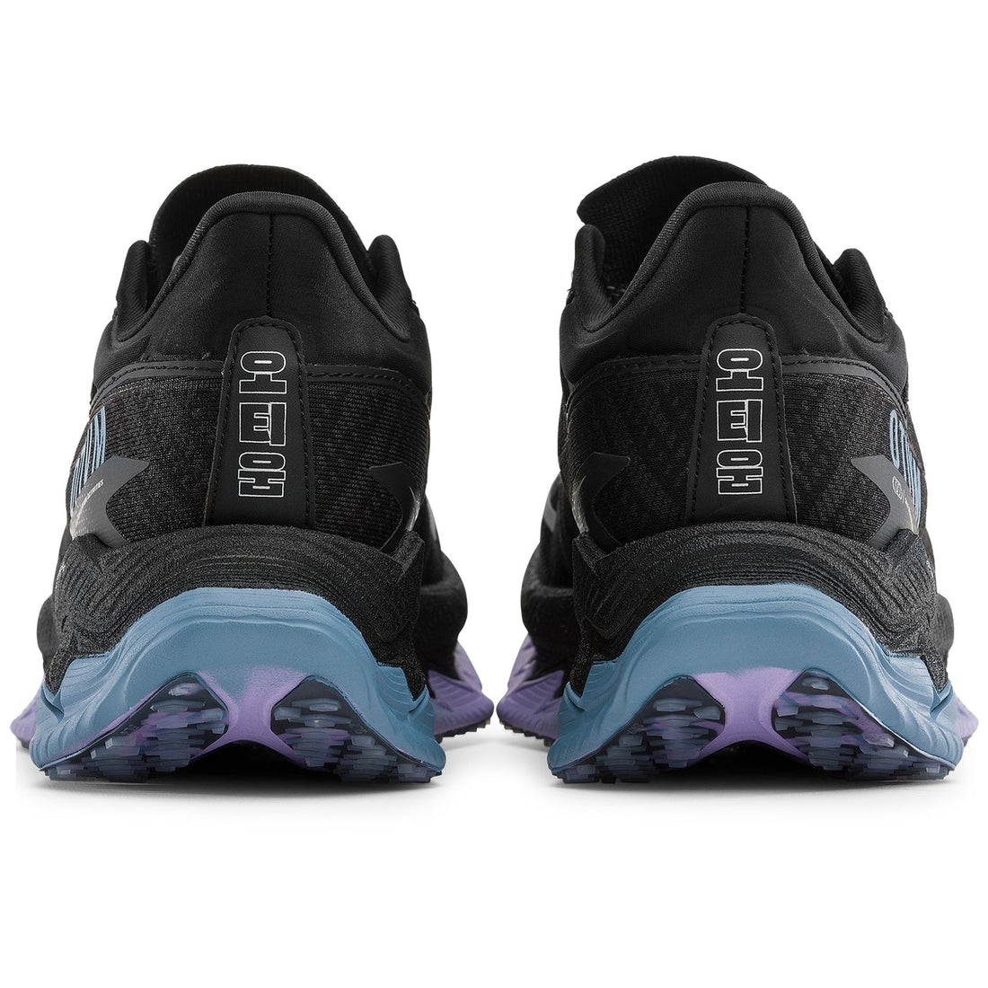 A pair of black running shoes shown from the back, featuring a black mesh upper, a light blue midsole, and purple cushioning visible through the outsole.