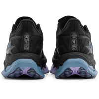 A pair of black running shoes shown from the back, featuring a black mesh upper, a light blue midsole, and purple cushioning visible through the outsole.