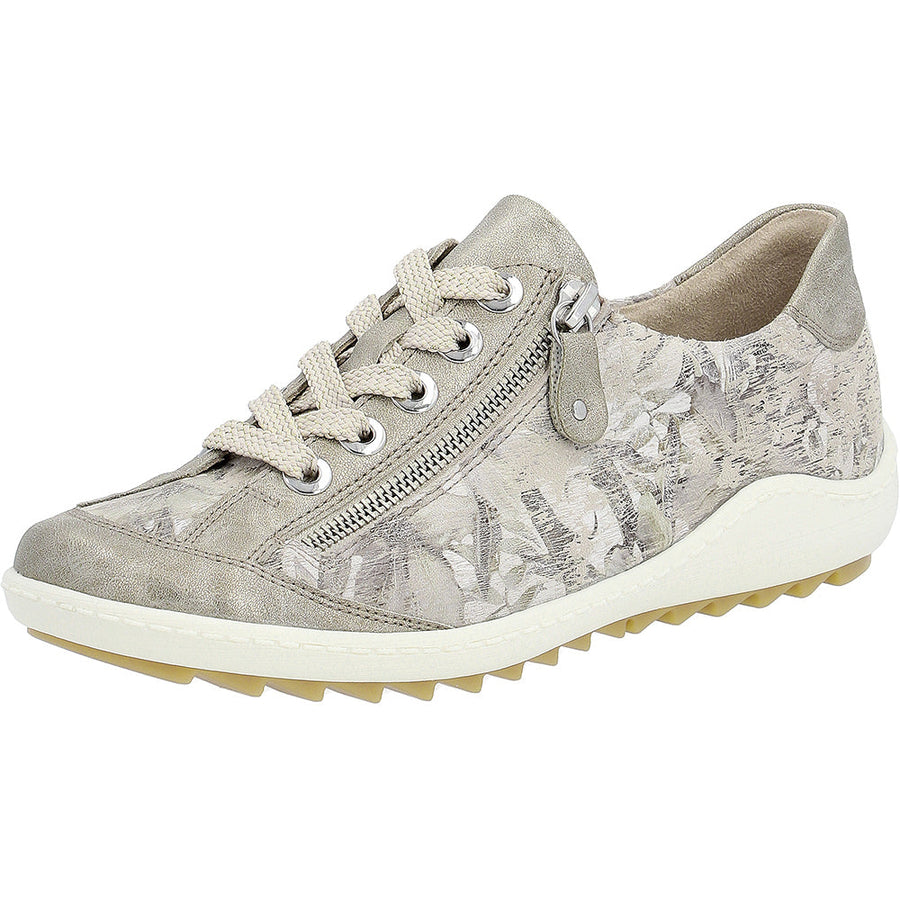 Quarter view Women's Remonte Footwear style name Liv 02 in color Perle/Beige-Metallic. Sku: R1402-62